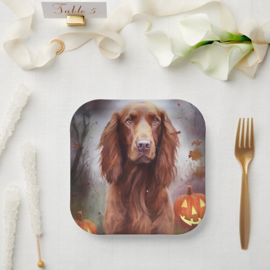 Halloween Irish Red Setter met pompoenen eng Papieren Bordje (Huwelijk)