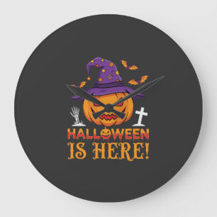 Halloween Is Hier Heks Pompoen Vector Grote Klok