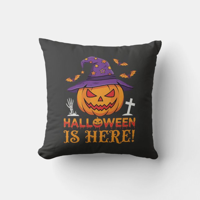 Halloween Is Hier Heks Pompoen Vector Kussen (Voorkant)