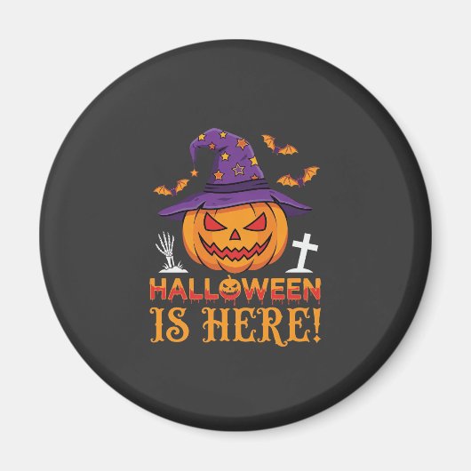 Halloween Is Hier Heks Pompoen Vector Magneet (Voorkant)