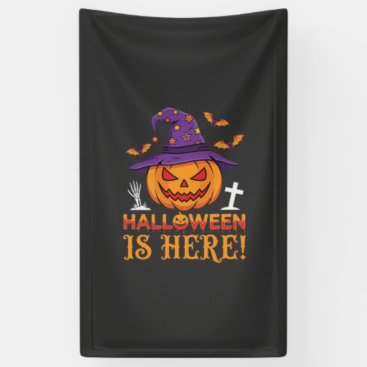 Halloween Is Hier Heks Pompoen Vector Spandoek (Verticaal)