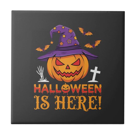 Halloween Is Hier Heks Pompoen Vector Tegeltje (Voorkant)