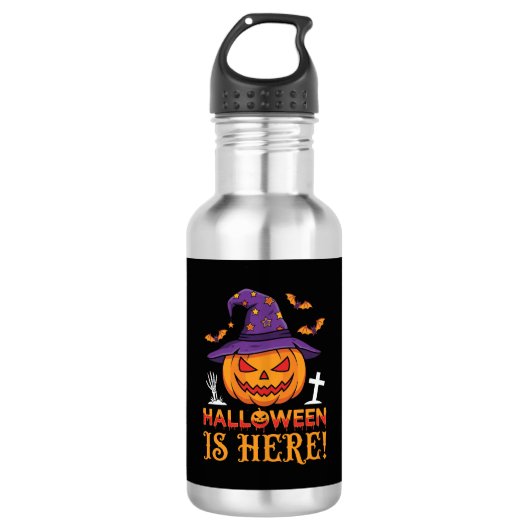 Halloween Is Hier Heks Pompoen Vector Waterfles (Voorkant)