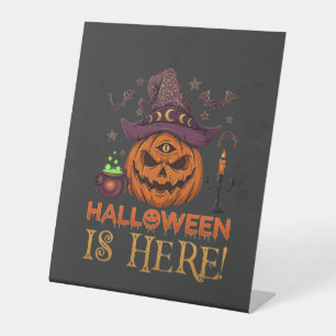 Halloween Is Hier Pompoen Heksenhoed Magische Kete Reclamebord Met Voetstuk