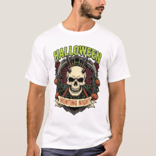 Halloween Jacht Nacht Gehoornde Schedel Rozen Pomp T-shirt