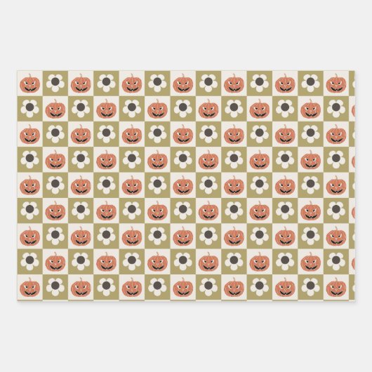 Halloween Jack-o-lantaarn en daisy dambord Inpakpapier Vel (Voorkant)