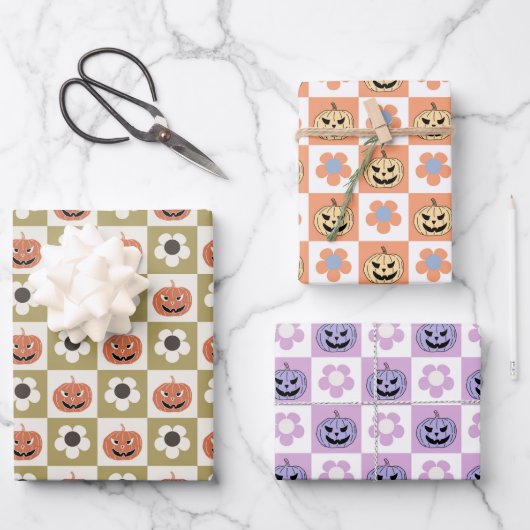 Halloween Jack-o-lantaarn en daisy dambord Inpakpapier Vel (Voorkant)