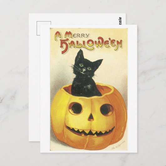 Halloween Jack-o'-lantaarn, ouderwetse kat Briefkaart (Voorkant / Achterkant)
