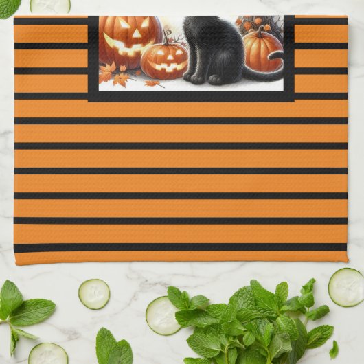 Halloween Jack O lantaarn pompoen en kat Theedoek (Gevouwen)