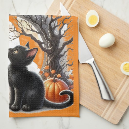 Halloween Jack O lantaarn pompoen en kat Theedoek (Quarter Fold)