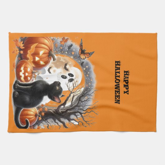 Halloween Jack O lantaarn pompoen en kat Theedoek (Horizontaal)