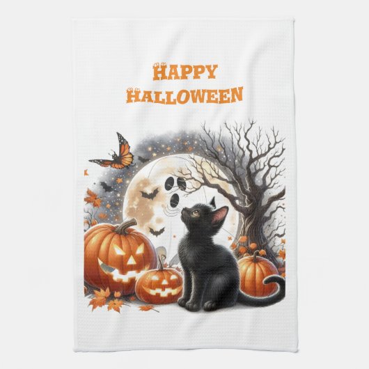 Halloween Jack O lantaarn pompoen kat wit Theedoek (Verticaal)