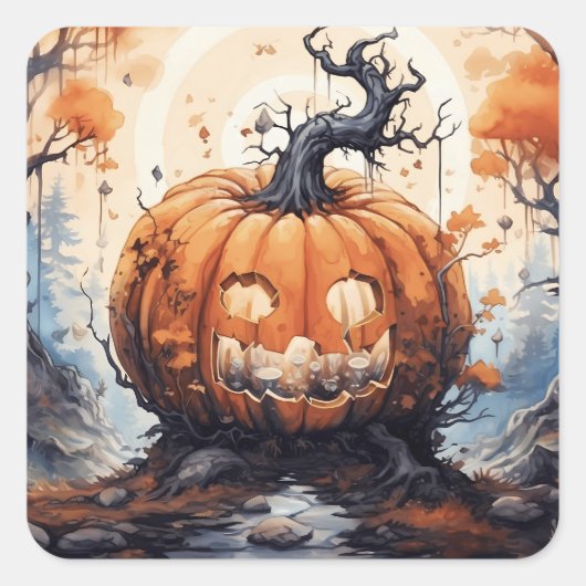 Halloween Jack O' Lantaarn Pompoen Vierkante Sticker (Voorkant)
