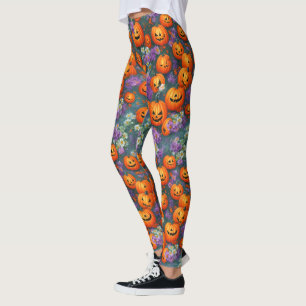 Halloween Jack-o'-lantaarns en paarse bloemen Leggings