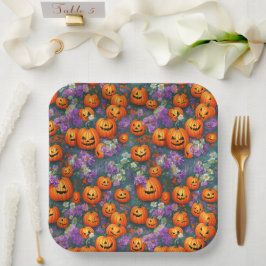 Halloween Jack-o'-lantaarns en paarse bloemen Papieren Bordje