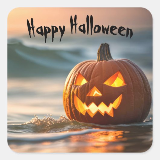 Halloween Jack-o-Lantern aan de kust Vierkante Sticker (Voorkant)