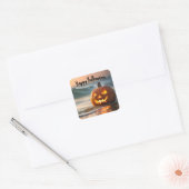Halloween Jack-o-Lantern aan de kust Vierkante Sticker (Envelop)