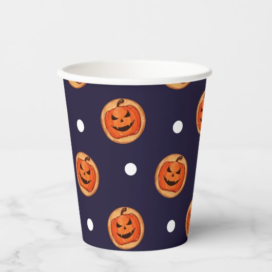 Halloween Jack-O-Lantern Cookie Navy Polka Dots Papieren Bekers (Voorkant)