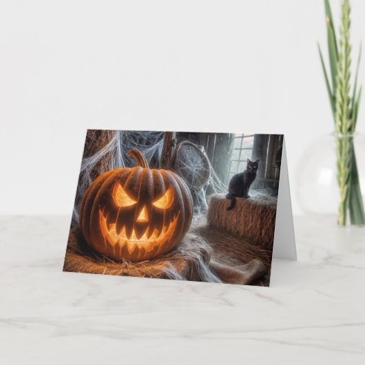 Halloween Jack-o-Lantern en Black Barn Cat Feestdagen Kaart (Voorkant)
