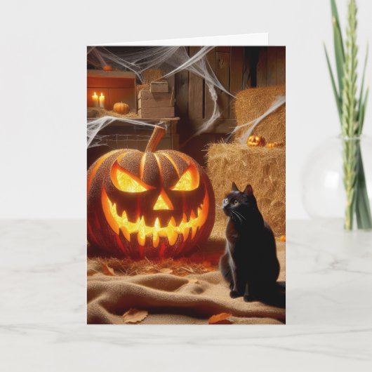 Halloween Jack-o-Lantern en Cat In Barn Feestdagen Kaart (Voorkant)