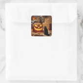 Halloween Jack-o-Lantern en Cat In Barn Vierkante Sticker (Tas)