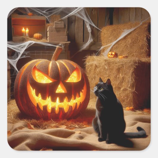 Halloween Jack-o-Lantern en Cat In Barn Vierkante Sticker (Voorkant)