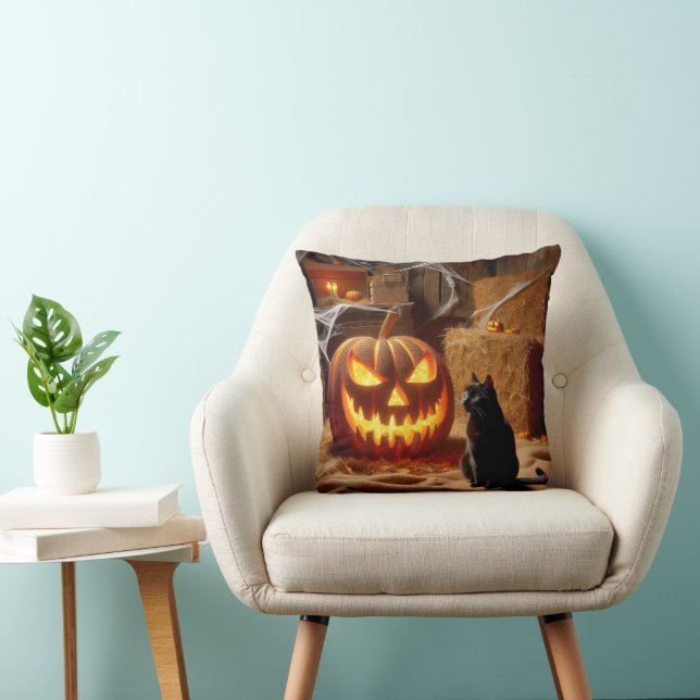 Halloween Jack-o-Lantern en Kat in Schuur Kussen (Stoel)