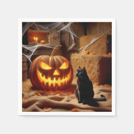 Halloween Jack-o-Lantern en Kat in Schuur Servet