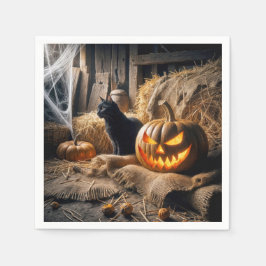 Halloween Jack-o-Lantern en Kat in Schuur Servet