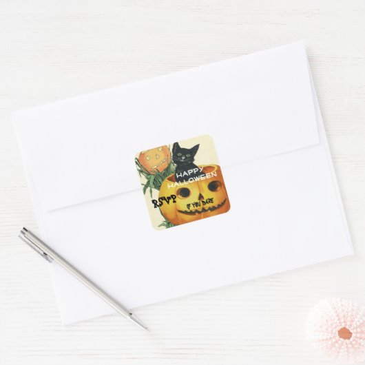 HALLOWEEN Jack O' Lantern en Zwarte Kat Vierkante Sticker (Envelop)