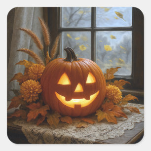Halloween Jack-o-Lantern in herfstbloemen Vierkante Sticker