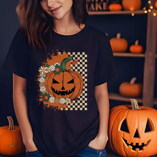 Halloween Jack-o-Lantern met bloemen en dammen T-shirt