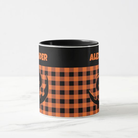 Halloween Jack-O-Lantern Orange & Black Plaid Name Mok (Midden)