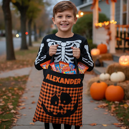 Halloween Jack-O-Lantern Orange & Black Plaid Name Tote Bag