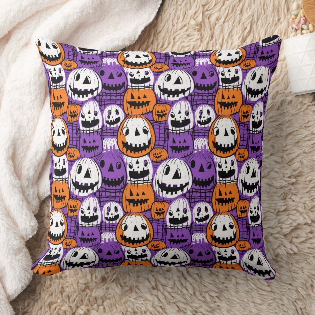 Halloween Jack-O'-Lantern - Paars, Oranje, Wit Kussen (Deken)