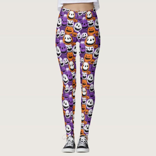Halloween Jack-O'-Lantern - Paars, Oranje, Wit Leggings (Voorkant)