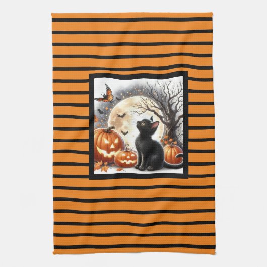 Halloween Jack O Lantern Pompoen en Kat Theedoek (Verticaal)