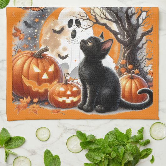 Halloween Jack O Lantern Pompoen en Kat  Theedoek (Gevouwen)
