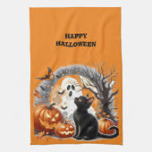 Halloween Jack O Lantern Pompoen en Kat  Theedoek (Verticaal)