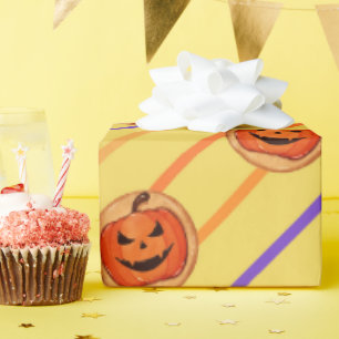 Halloween Jack-O-Lantern Pumpkin Cookie op Geel Cadeaupapier