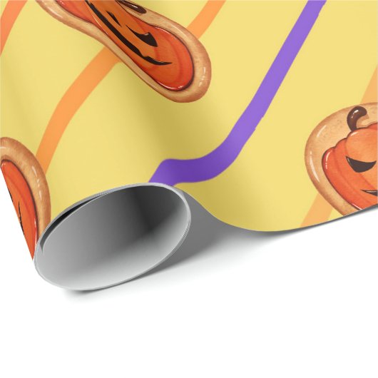 Halloween Jack-O-Lantern Pumpkin Cookie op Geel Cadeaupapier (Rol Hoek)