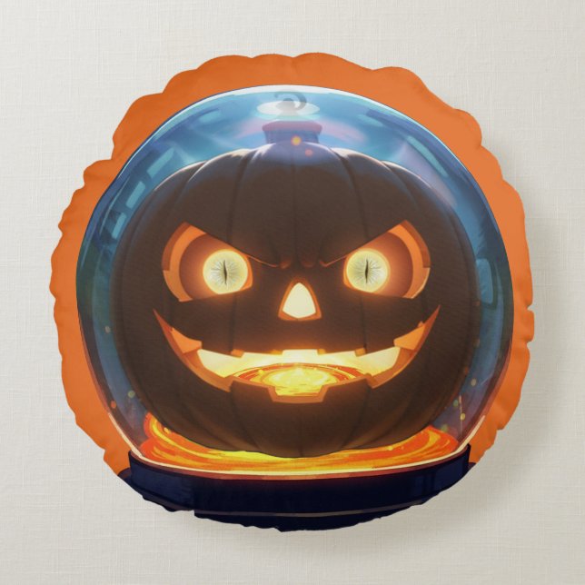 Halloween Jack-o-Lantern Wereldbol Rond Kussen (Voorkant)