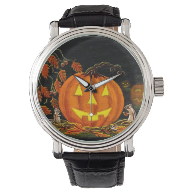 Halloween, Jack-O-Lanterns, chipmunks, herfst, bla Horloge (Voorkant)