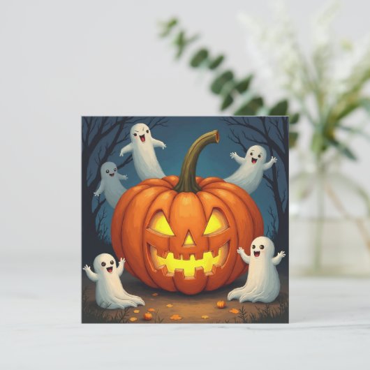 Halloween Jack O'Lantern en Ghost Feestdagenkaart (Staand voorkant)