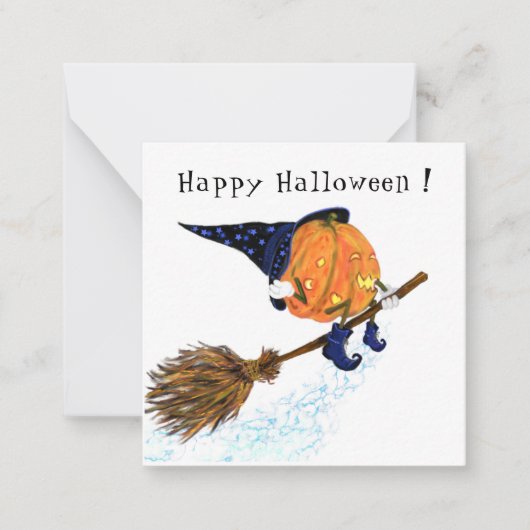 Halloween Kaart heks Pumpkin Flying Broom Notitiekaartje (Voorkant)