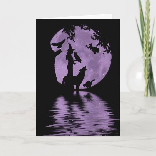 Halloween Kaart met heks, wolf, zwarte katten met (Voorkant)