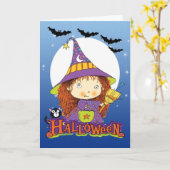 Halloween kaart met kleine heks kat en vleermuizen (Gele Bloem)