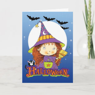 Halloween kaart met kleine heks kat en vleermuizen