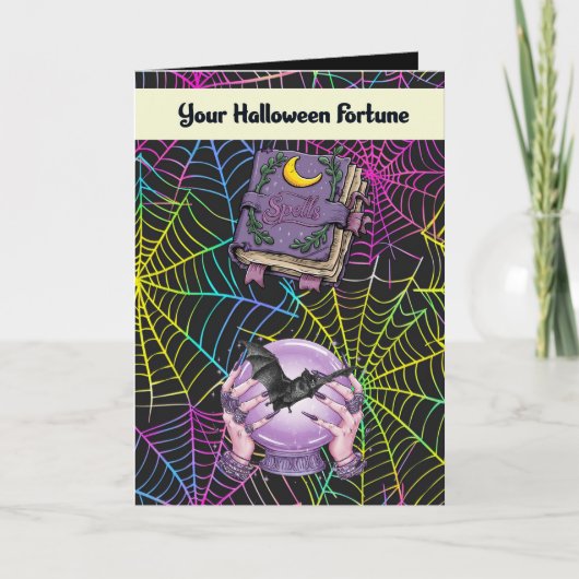 Halloween Kaart met kleurrijke webs en fortuin (Voorkant)