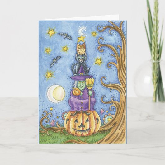 Halloween kaart met totem heks, kat en uil sitti (Voorkant)